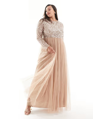 Maya Plus Bridesmaid long sleeve maxi tulle dress with tonal delicate sequin in muted blush | ASOS (Global)
