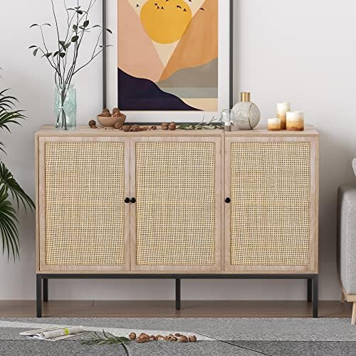 Sideboard Buffet Cabinet with Handmade Natural Decorated Doors, Accent Cabinet Rattan Cabinet, Bu... | Amazon (US)