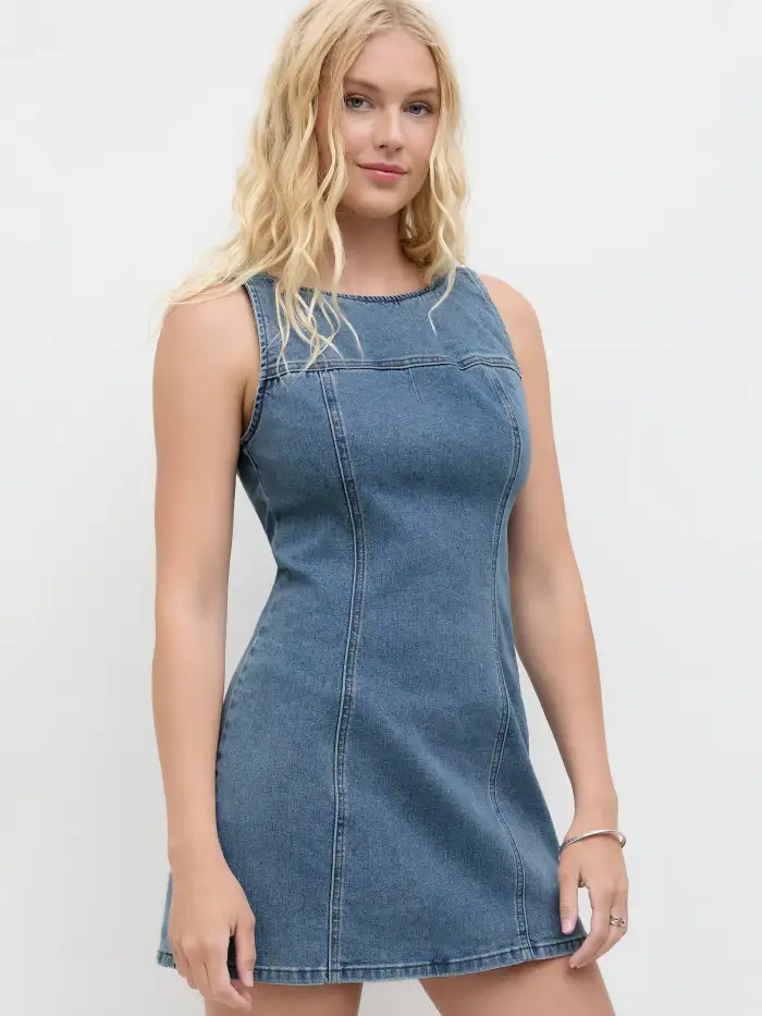 Denim Stretch Denim Zipper Mini Dress For Daily Casual | Cider