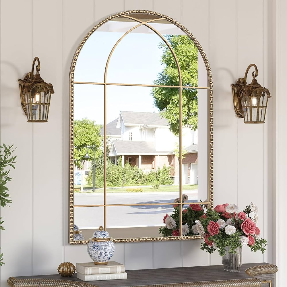 Arched Gold Antique Mirror, 24" x 36" Arch Window Mirror with Beaded Metal Frame, Vintage Gold Ar... | Amazon (US)