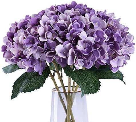 JyiHope Artificial Silk Hydrangea Purple Flowers 3Pcs Faux Hydrangea Bouquet Stems for Home Wedding  | Amazon (US)