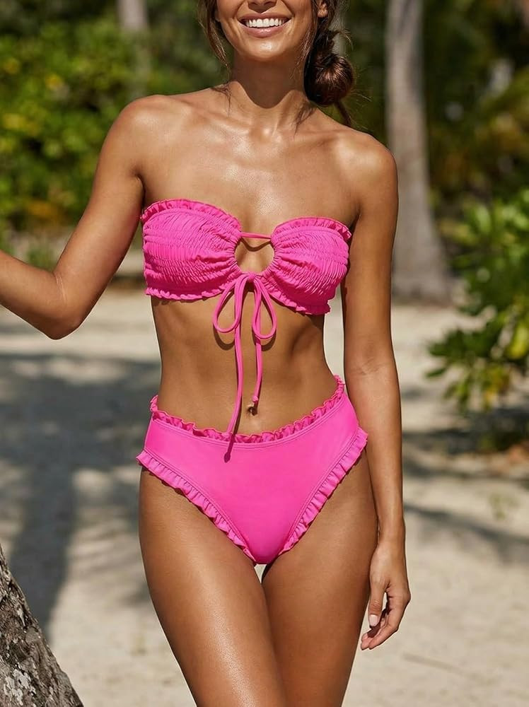 Women's Ruffle Bikini Set 2 Piece Swimsuit, Smocked Bandeau Top, High Waisted Bottom, Cheeky Cove... | Amazon (US)