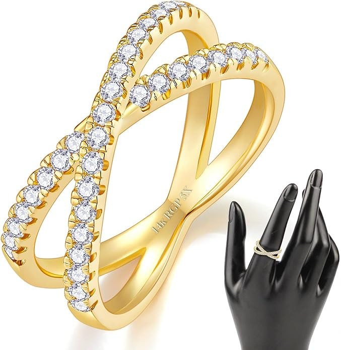 Criss Cross 14K Gold/White Plated Rings for Women, Designer Unique Fashion Ring, Gold Crystal Rin... | Amazon (US)