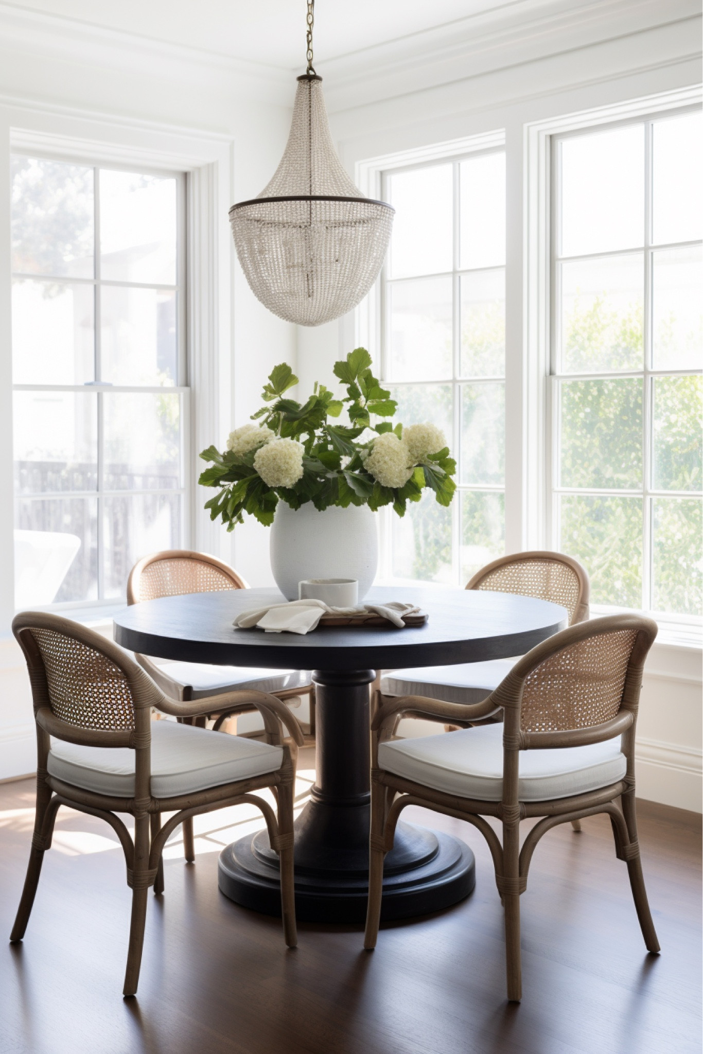 a simple & sunny breakfast nook, rattan chairs, beaded chandelier, large floral arrangement, stoneware dishes 

#LTKunder100 #LTKFind #LTKhome