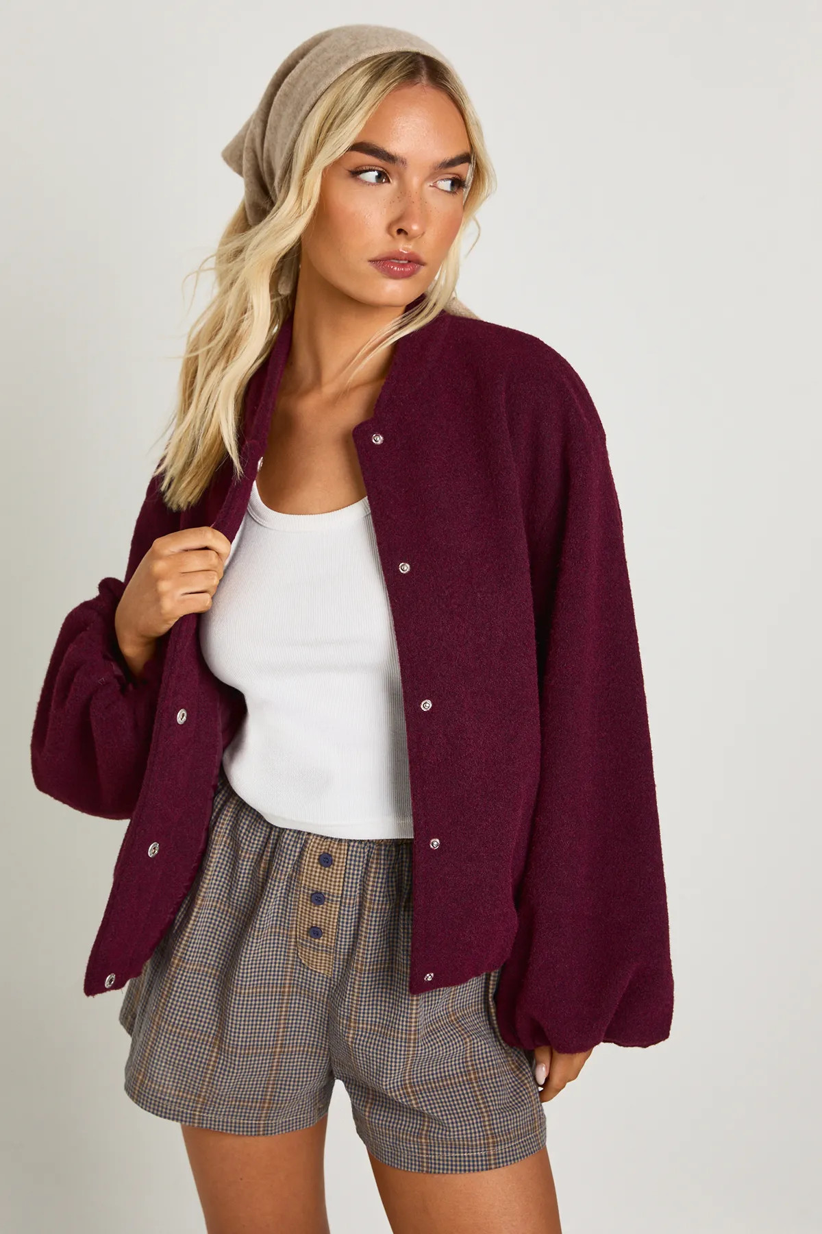 Balloon Sleeve Wool Look Bomber Jacket | Boohoo.com (UK & IE)