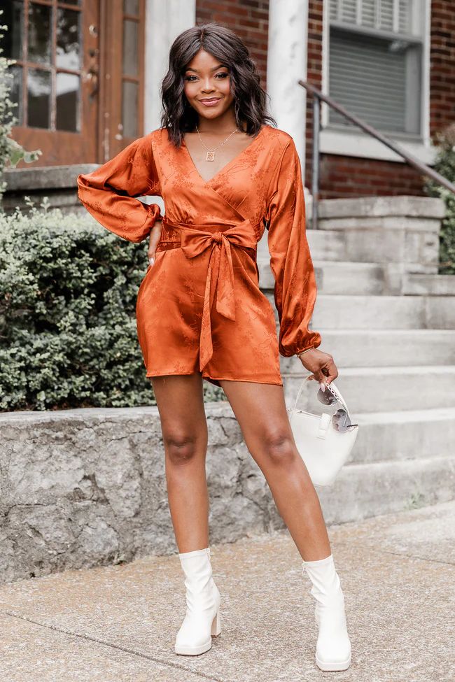 Dreams Are Made Rust Satin Long Sleeve Romper | Pink Lily