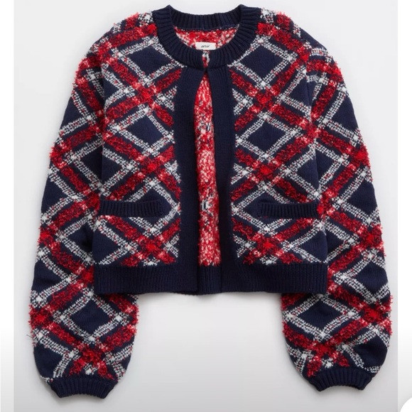 Aerie Plaid Knit Cardigan - Red and Blue | Poshmark