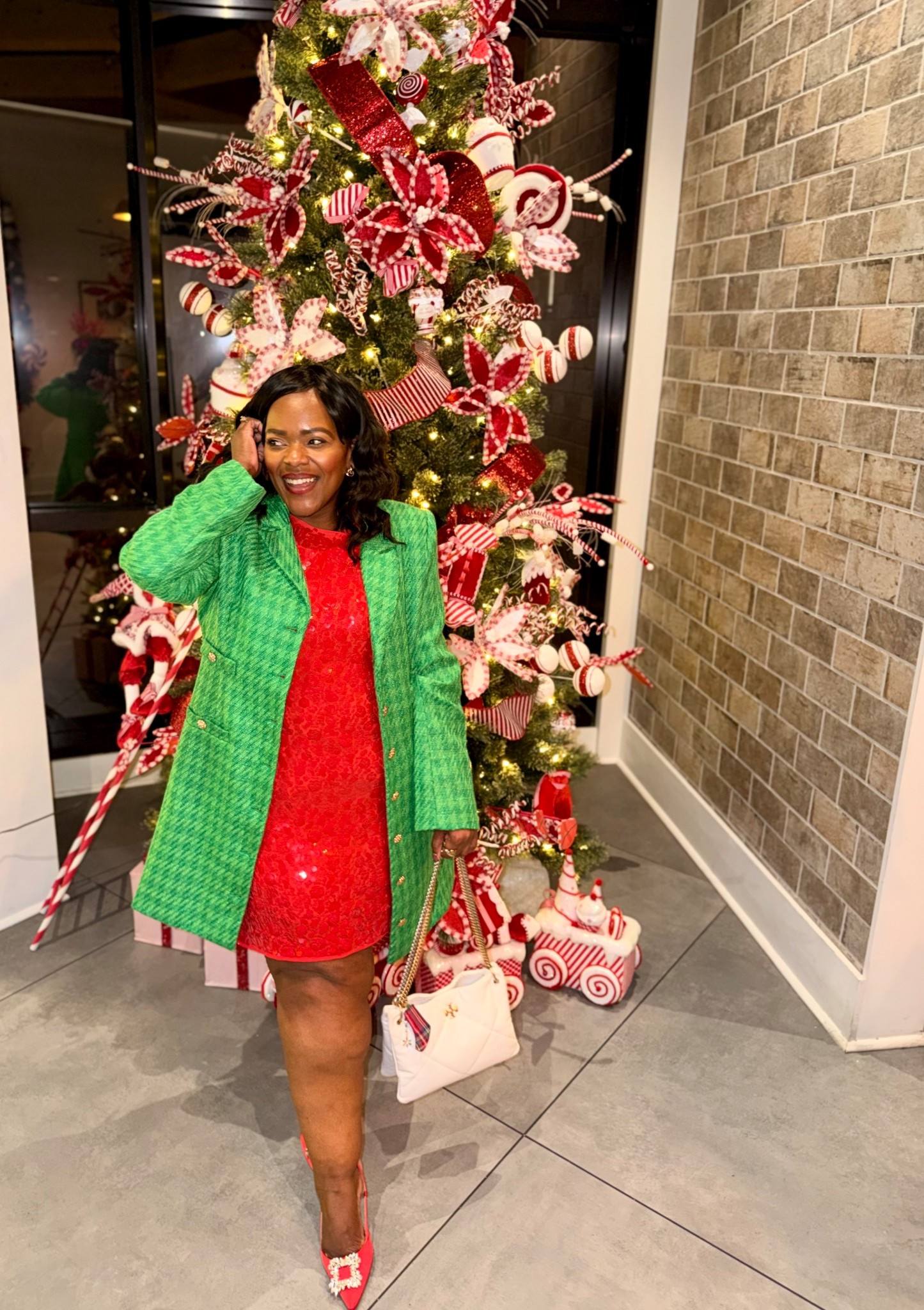 Fun Holiday outfit / red sequin dress from LOFT - wearing the large and xl in this gorgeous green tweed dress from Tuckernuck that I’m wearing as a coat. 🎄✨

#LTKgrwm #LTKootd #LTKHoliday