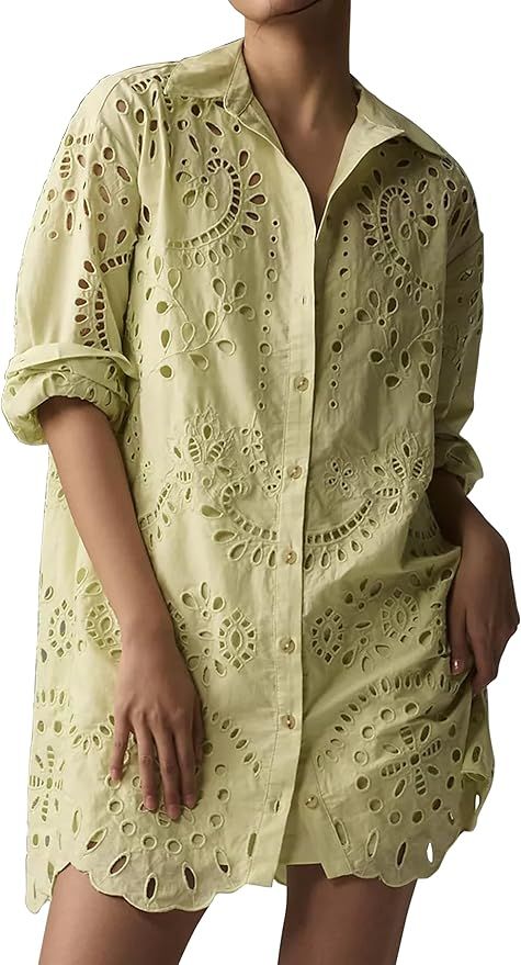 Meladyan Women's Embroidered Eyelet Shirt Mini Dress Button Long Sleeve Hollow Out Shirts Tunic B... | Amazon (US)