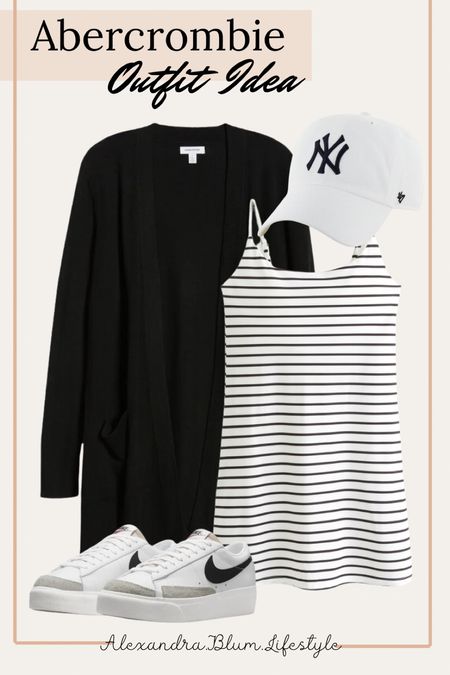 Cute new traveler mini dress from Abercrombie! This cute casual athletic dress pairs nicely with a black cardigan, Nike court sneakers, and a baseball cap! Cute travel outfit! Vacation outfit! 

#LTKfindsunder100 #LTKfitness #LTKActive