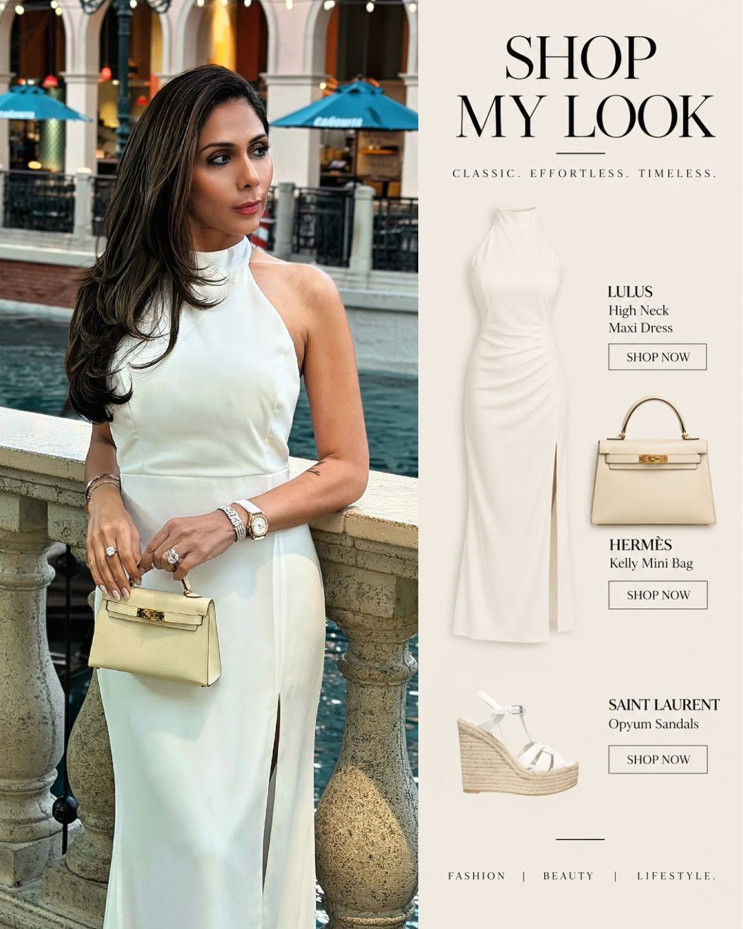 A timeless ivory moment 🤍 Lulus dress, Hermès bag, and Saint Laurent sandals — elegant, feminine, and effortlessly polished. ✨ Shop all the details here. 

 #LTKgrwm #LTKSeasonal #LTKU