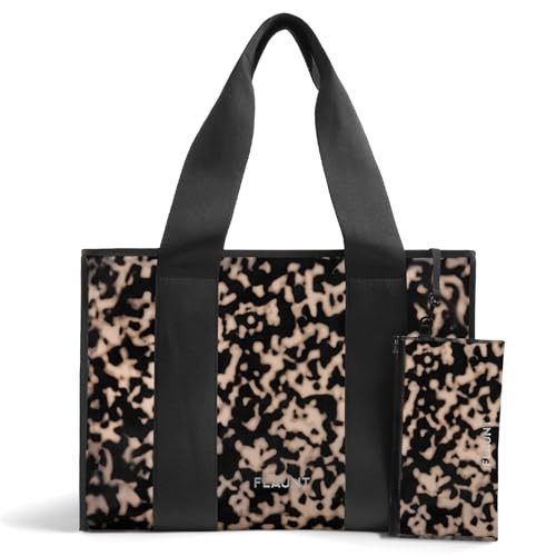 FLAUNT Everyday Tote Bag with Phone Pouch for Women - Lightweight, Airline Approved, Easy To Carry, Foldable & Washable - Large Tote Bag for Errands, Workouts, Work & More - Blonde Faux Tortoise Shell | Amazon (US)
