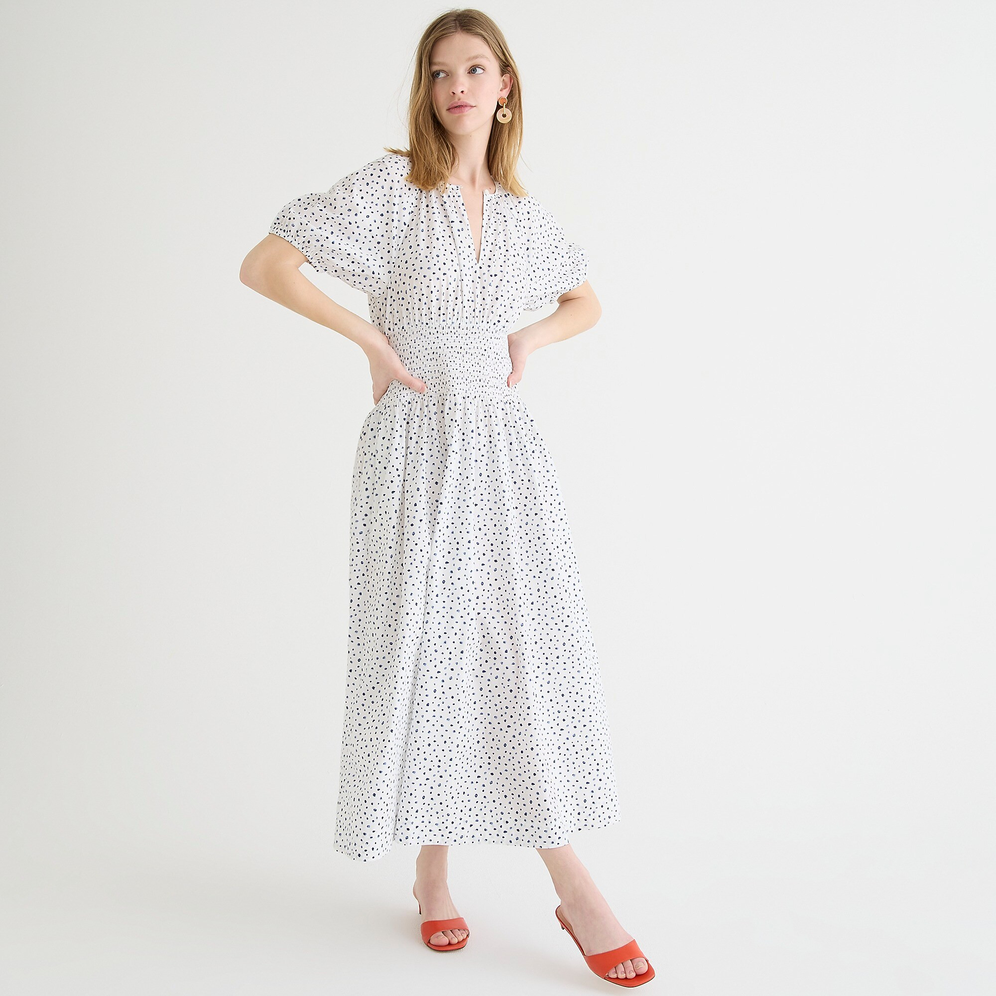Puff-sleeve smocked-waist midi dress in dot | J. Crew US