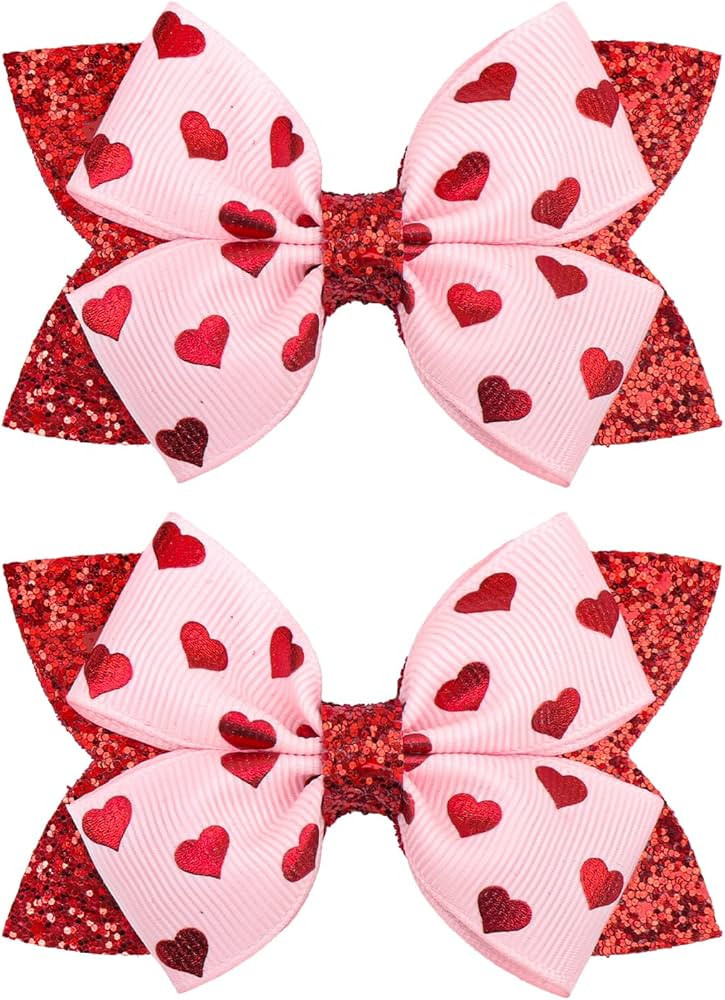 YanJie 3’’ 2Pcs Valentines Day Hair Bow Clips for Girls Pink Bows Hearts Hair Accessories for... | Amazon (US)
