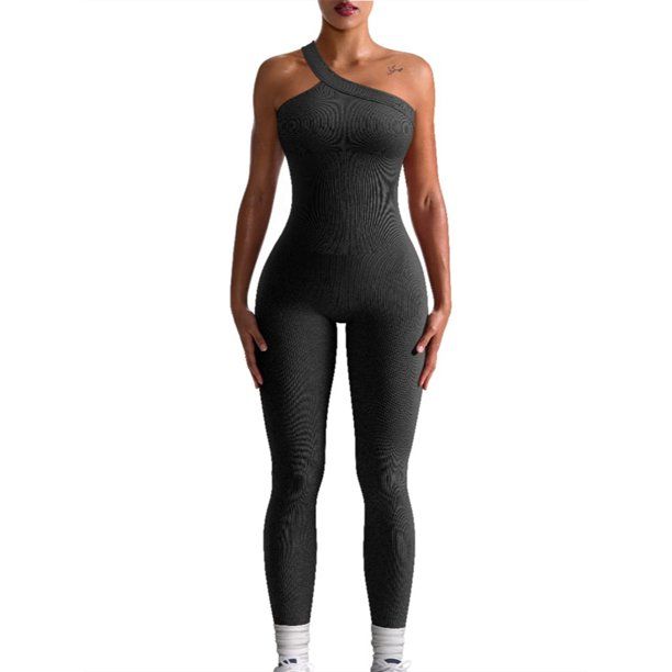 Women Ribbed Knit Yoga Jumpsuits Sleeveless One Shoulder Bodycon Jumpsuit One-Piece Workout Sport... | Walmart (US)
