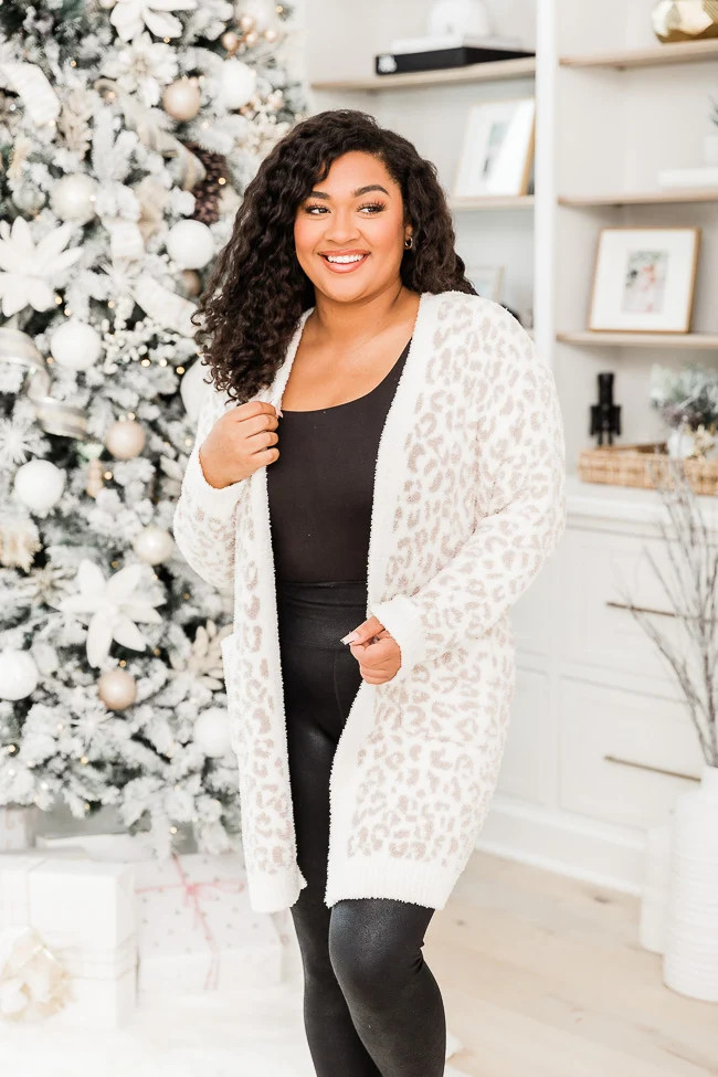 Bare Necessities Ivory and Tan Fuzzy Animal Print Cardigan DOORBUSTER | Pink Lily