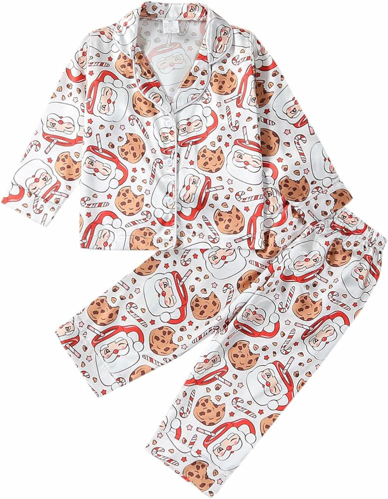 BULINGNA Kids Toddler Girl Boy Christmas Two Piece Pajamas Set Santa Claus Cookie Satin Pajamas T... | Amazon (US)