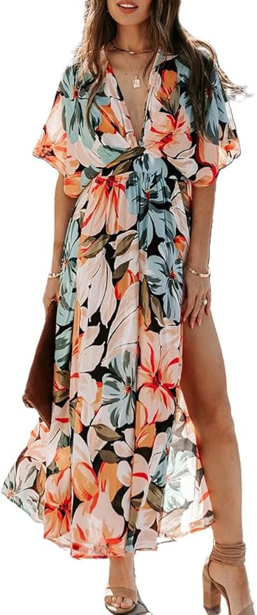 Womens V Neck Flutter Sleeve Boho Midi Dress Summer Wedding Guest Beach Party Long Dresses | Amazon (US)