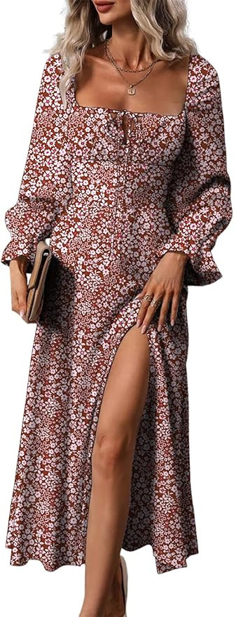 BLENCOT Womens Casual Square Neck Long Sleeve Boho Floral Midi Dress Print Side Split Dresses | Amazon (US)
