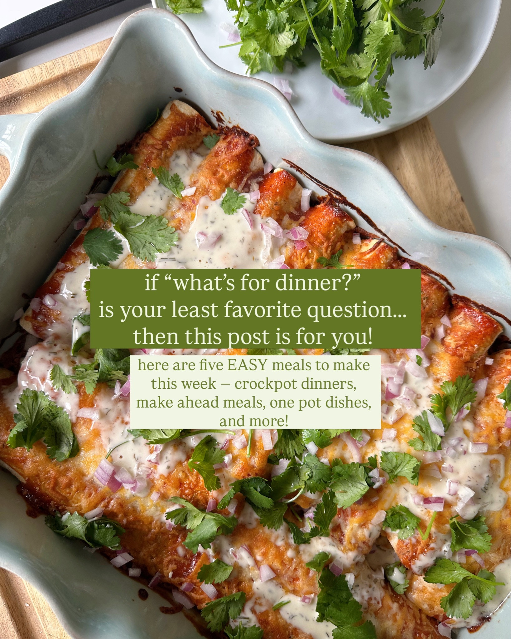 meal planning made EASY! swipe for 5 meals to make this week where you’ll find crockpot dinners, make ahead recipes, one pot dishes and more 👏🏼

Bbq Ranch Enchiladas 

Ingredients:
4-5 cups chopped rotisserie chicken, about 1 whole chicken 
1/2 cup canned corn, drained and rinsed 
15 oz can baked beans, drained 
1-2 cups shredded Mexican blend cheese
4 oz can green chiles
1 tbsp bbq seasoning, I like rendezvous seasoning 
Salt, to taste 
Pepper, to taste 
Avocado oil or olive oil
12-14 Flour taco sized tortillas
1/3-1/2 cup Bbq sauce 
Ranch dressing of choice 
Fresh cilantro, for garnish
Red onion, diced for garnish 

Instructions:
1. Preheat oven to 350 degrees. 
2. In a large bowl, combine chopped chicken, beans, corn, green chiles, 1 cup cheese, 1 tbsp bbq seasoning, salt, and pepper. Toss well to combine. 
3. Assemble the enchiladas. Lay a tortilla flat and scoop a large spoonful into the tortilla. Roll up and place the seam side down in a baking dish. Repeat until you run out of filling and tortillas. 
4. Spray the tortillas with a little oil then drizzle bbq sauce on top of the tortillas and brush them to coat. Drizzle a little ranch dressing on top then place in the oven to bake for 15 minutes. 
5. Remove the baking dish from the oven and top with shredded cheese. Place it back in the oven to bake for another 15 minutes or until the cheese is melted and slightly crispy on the edges. 
6. Top with fresh cilantro and diced onion. Serve warm and enjoy!

Lazy Skillet Chicken Pot Pie

ingredients:
1 pack of Trader Joe’s precooked “Just Chicken”, chopped or 2 cups chopped rotisserie chicken 
1 carton of Trader Joe’s Mirepoix chopped vegetable mix
1 russet potato, peeled and diced
1 1/2 tbsp Trader Joe’s Herbs de Provence seasoning
1 can Trader Joe’s organic biscuits
4 garlic cloves, minced
1 cup chicken broth
2.5 cup whole milk
1/4 cup all-purpose flour
2 tbsp butter
Salt, to taste
Pepper, to taste

Instructions:
1. Preheat oven to 350 degrees.
2. In a skillet over medium heat, melt 2 tbsp butter. Add the chopped vegetable mix and season with salt and pepper. Sauté for 2-3 minutes.
3. Add in minced garlic. Sauté for 1-2 minutes.
4. Sprinkle the flour over the
