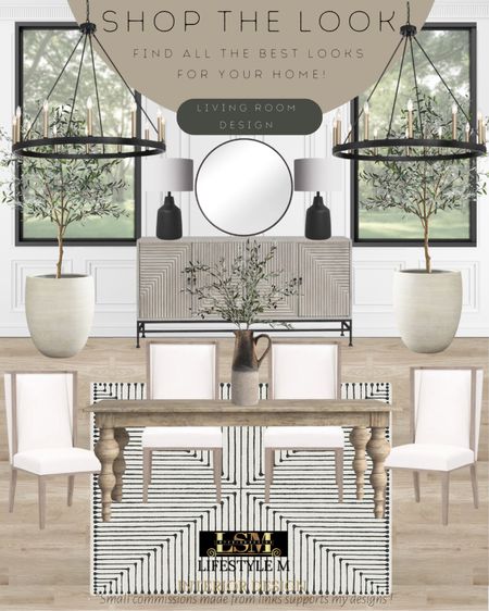 Modern farmhouse dining room idea. Recreate the look with these home furniture and decor finds! Wood dining table, wood upholstered dining chai, stripped rug, table jar vase, realistic fake plant, ceramic tree planter pot, realistic fake tree, wood console table credenza, black table lamp, round mirror, wheel chandelier. 

#LTKstyletip #LTKhome #LTKFind