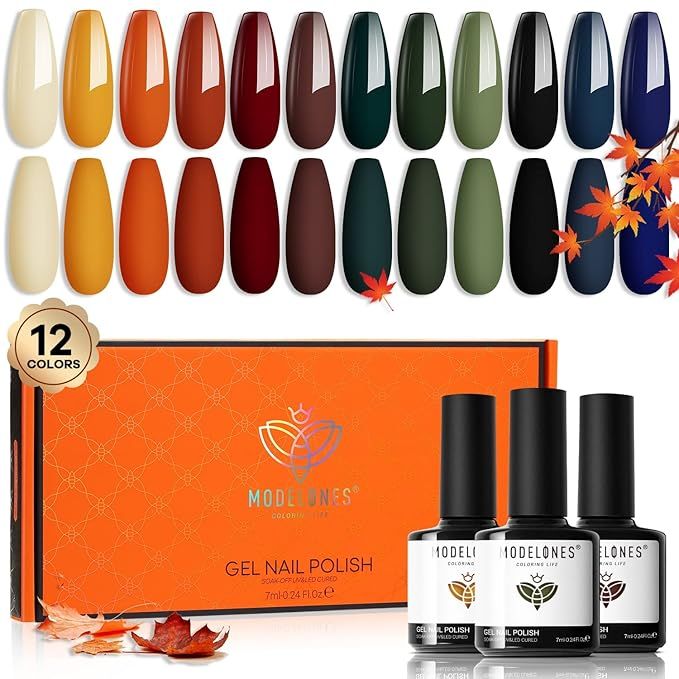 Modelones Fall Gel Nail Polish Set, 12 Colors Nude Brown Gel Polish Yellow Pumpkin Orange Sage Gr... | Amazon (US)