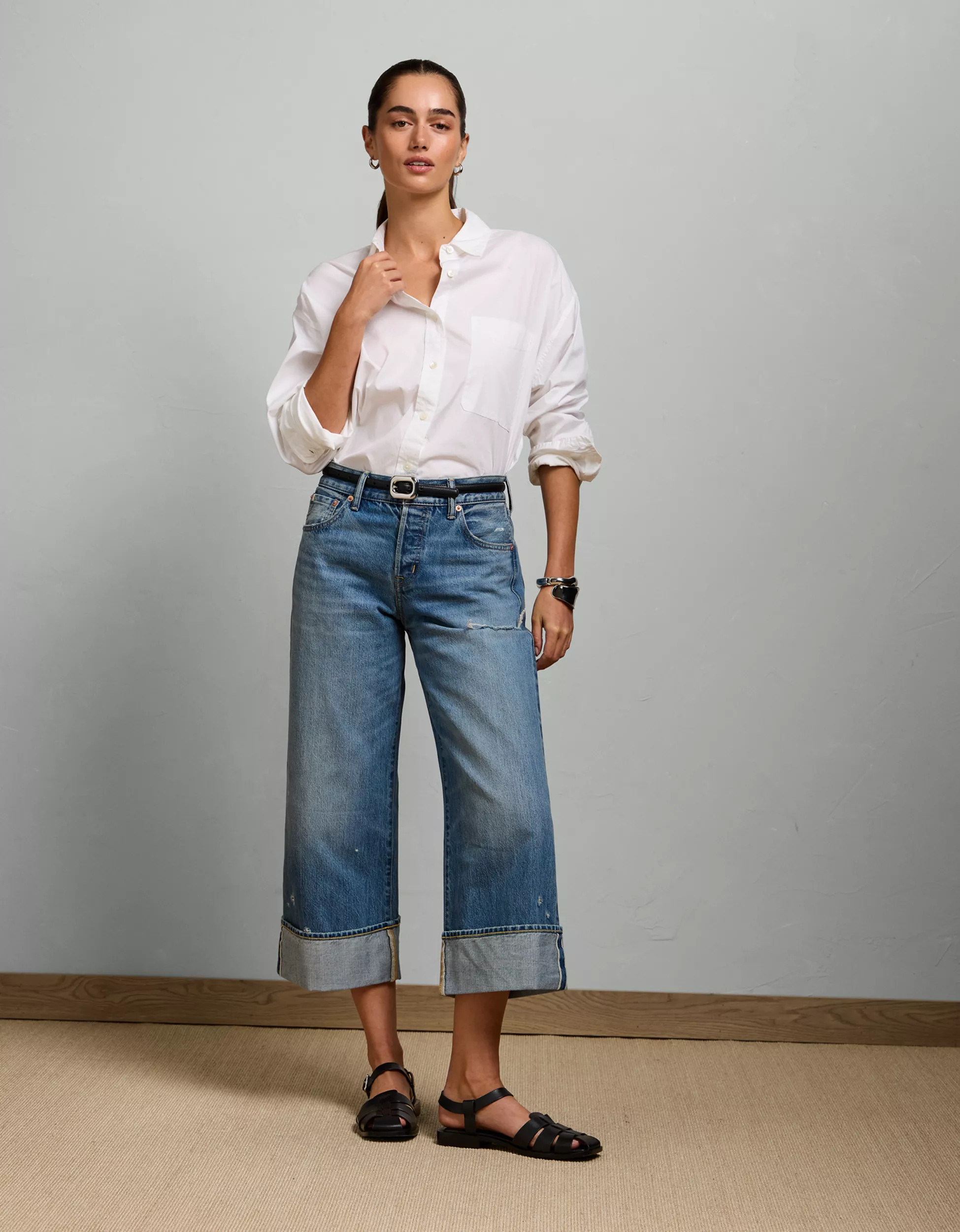 AE77 Premium Wide Crop Cuff Jean | American Eagle Outfitters (US & CA)