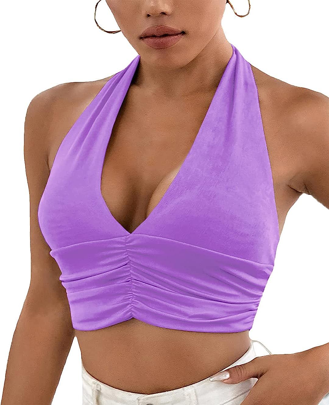 LYANER Women's Deep V Neck Halter Crop Top Tie Back Sleeveless Backless Cami | Amazon (US)