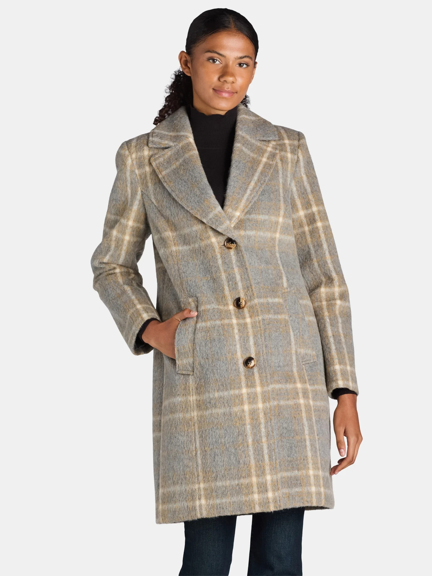 Time and Tru Women's and Women's Plus Faux Wool Solid Button Front Coat, Sizes XS-3X | Walmart (US)