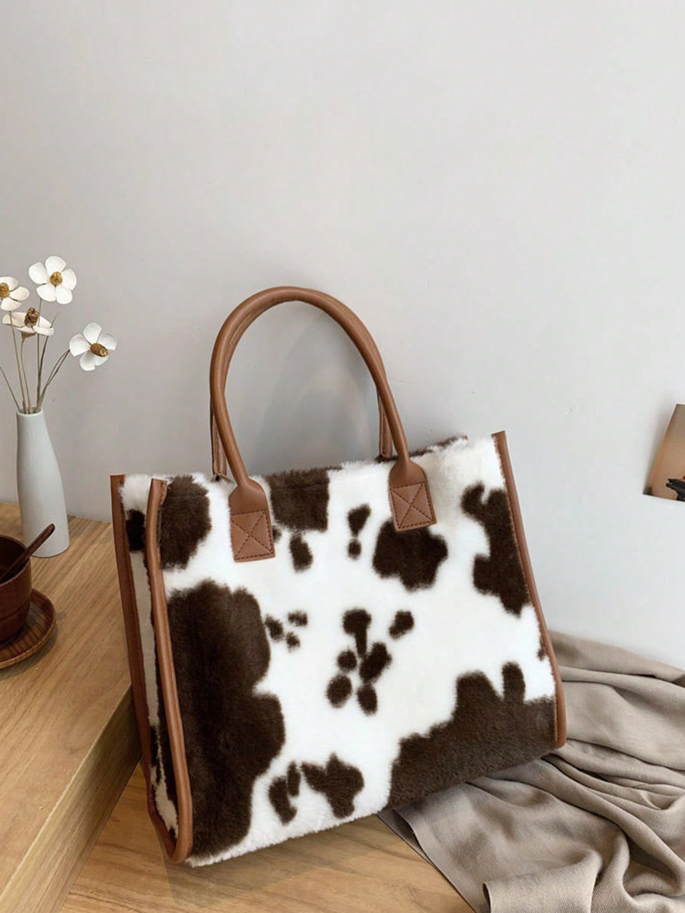 Simple Design Cow Pattern Women Soft Plush Shoulder Bags Winter Furry Ladies Purse Handbags Fashi... | SHEIN