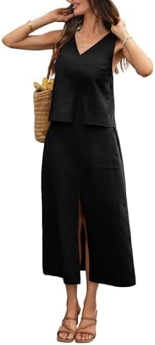 Women's Linen Skirt Sets 2 Piece Outfits V Neck Tank Top and Midi Slit Skirt with Pocket | Amazon (US)