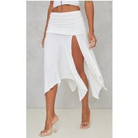 White Soft Touch Ruched Asymmetric Midi Skirt | PrettyLittleThing US