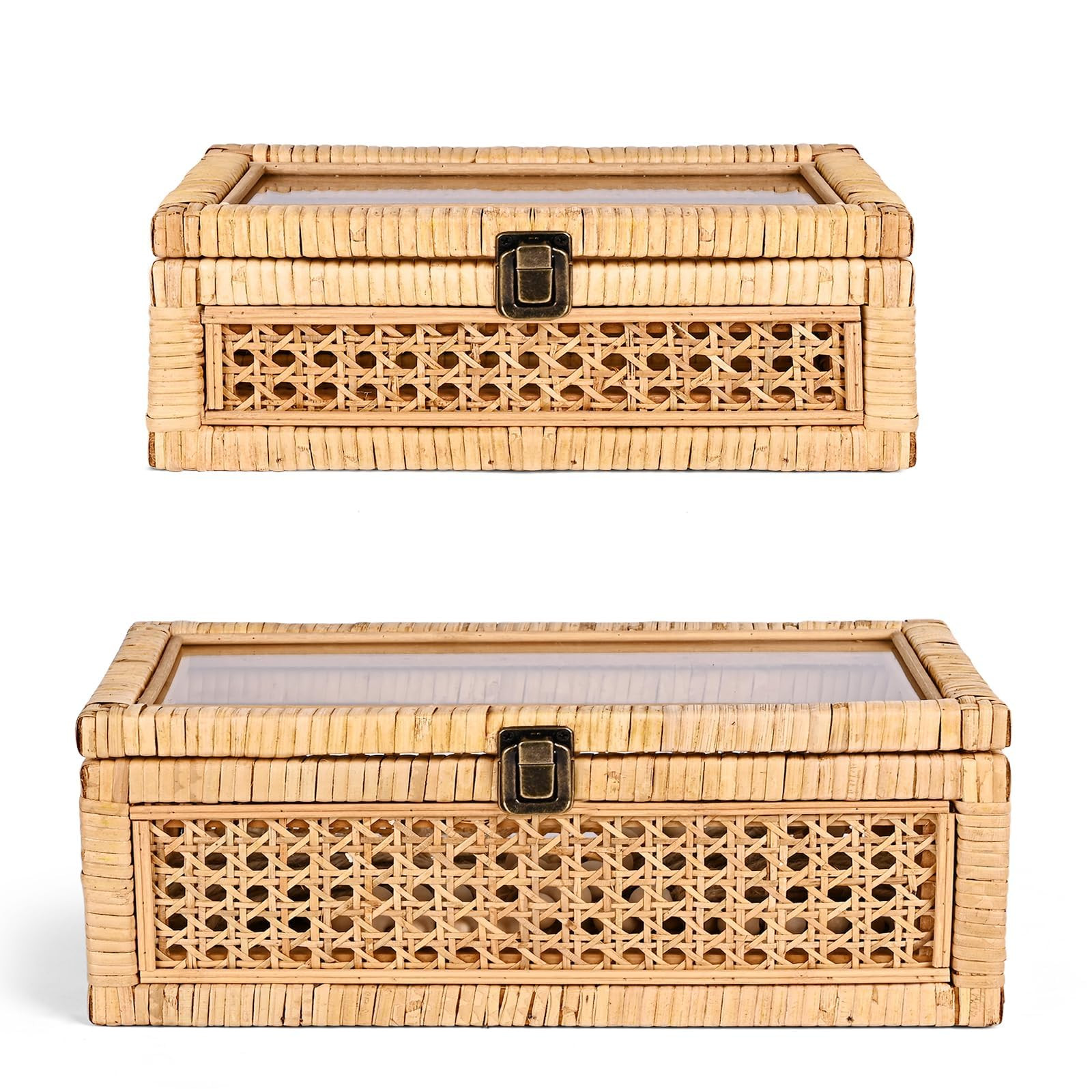 Rattan Decorative Box with Lid, Rectangular Woven with Glass for Display, Set of 2 Wicker for Dec... | Amazon (US)