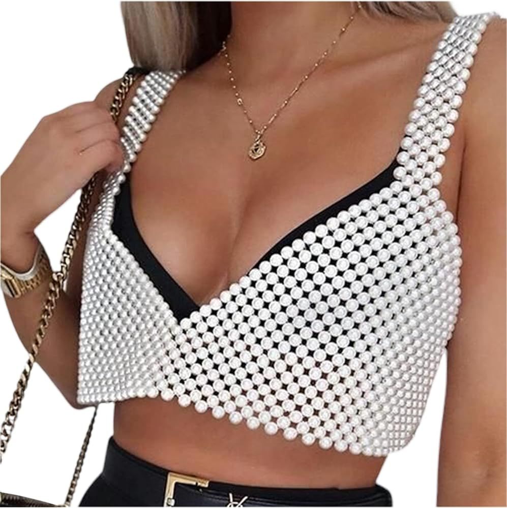 Women's Sexy Pearls Beaded Camisole Sling Sleeveless Crop Tops Bra Spaghetti Strap Vest Tanksfor Par | Amazon (US)