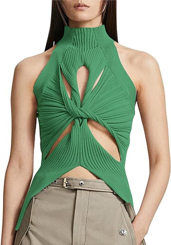SAFRISIOR Women Sexy Hollow Out Twist Front Knitted Tank Tops Sleeveless High Neck Cut Out Sweate... | Amazon (US)