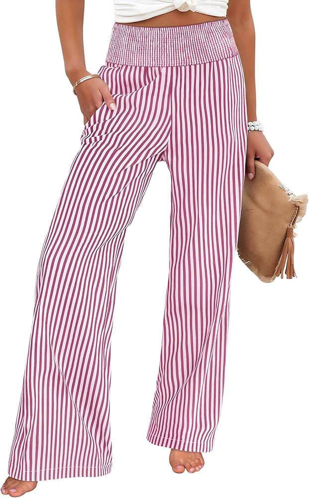 ANRABESS Womens Striped Gingham Palazzo Pants Wide Leg High Waisted Lounge Pajama Pants Cute Casu... | Amazon (US)