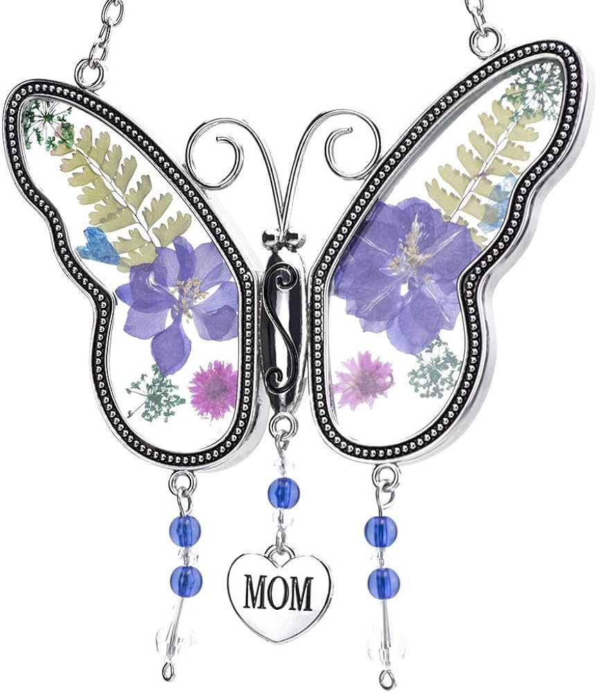 Butterfly Suncatcher with Pressed Colourful Flower Wings Mom Mother's Day Butterfly Glass Wind Ch... | Amazon (US)