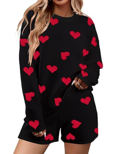 MYHALF Valentine's Day Sweater Sets Heart Sweater for Women Long Sleeve Knit Sweater and Shorts 2 Piece Outfits Black | Amazon (US)
