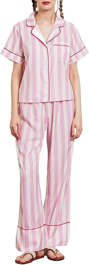 Women Striped 2 Piece Pajama Set Short Sleeve Chest Pocket Shirt Wide Leg Lounge Pants Sets Sleep... | Amazon (US)