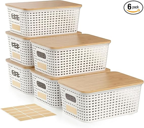 Plastic Storage Bins with Bamboo Lid - Stackable Pantry Storage Organizer with Lid - Storage Bask... | Amazon (US)
