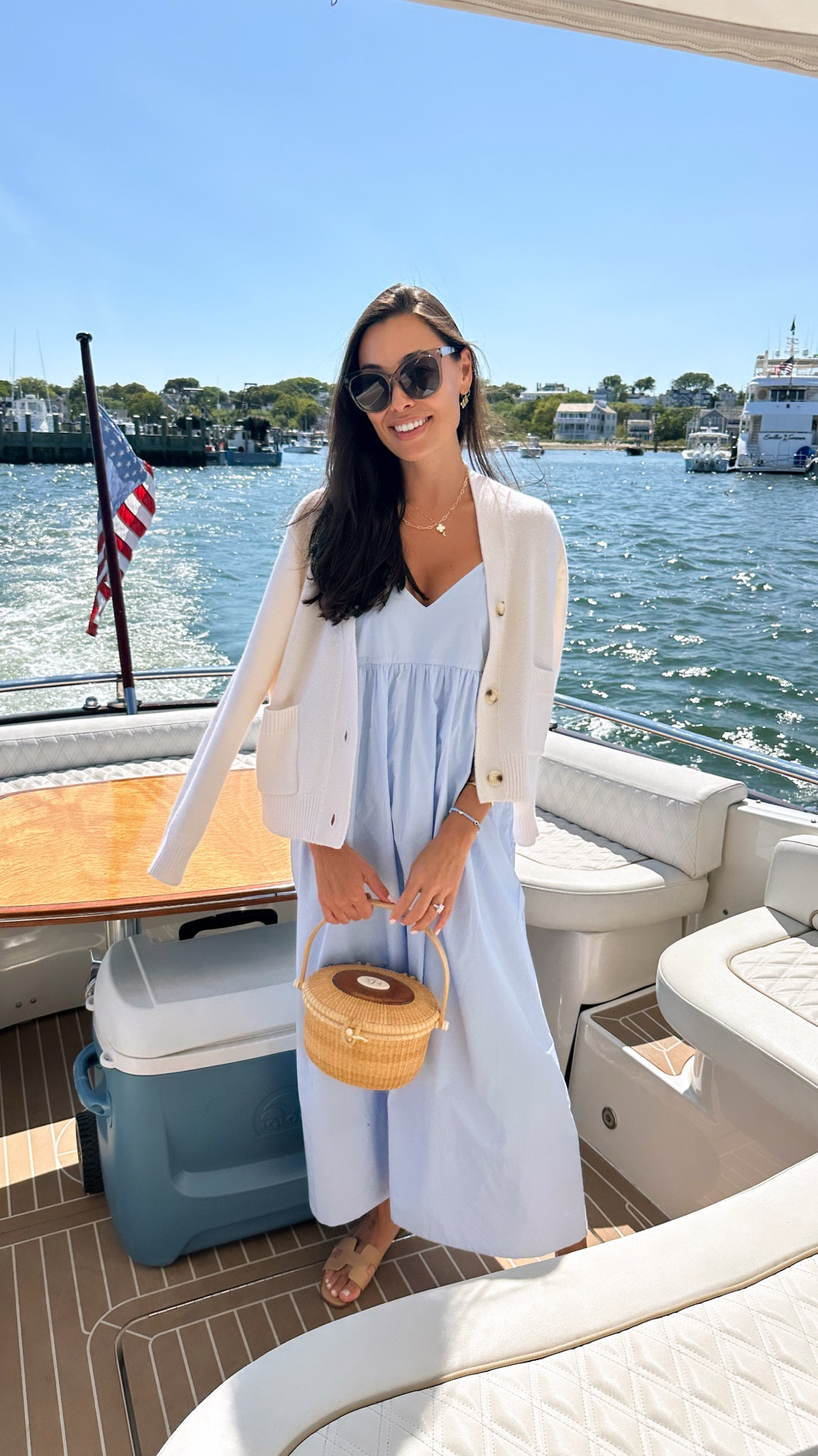 Blue dress wearing an XS, cardigan wearing a small. Nantucket outfit, preppy outfit, Nantucket basket bag from Sylvia Antiques on island, Kat Jamieson style, cashmere cardigan.

#LTKSeasonal #LTKTravel #LTKItBag