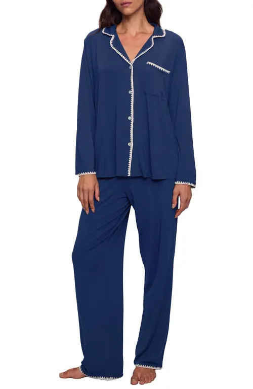 Eberjey Frida Contrast Embroidery Knit Pajamas in Navy/Ivory at Nordstrom, Size X-Large | Nordstrom