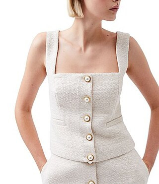 French Connection Structured Tweed Square Neck Sleeveless Novelty Button Front Top - 14 | Dillard's