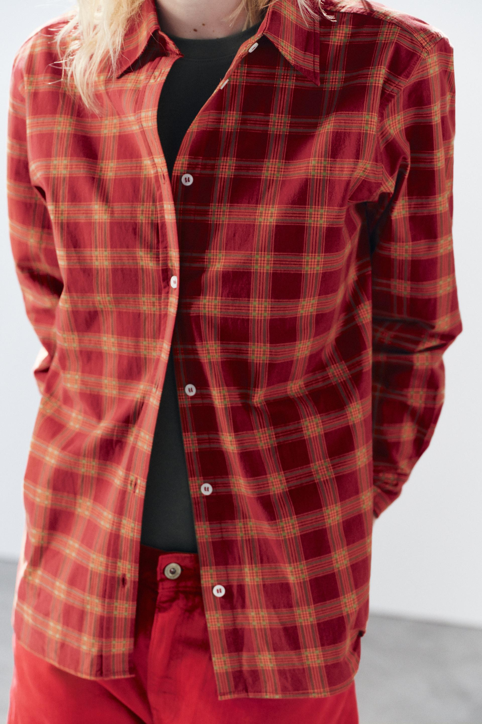 Zara - Check Poplin Oversize Shirt - Orange - L - Woman | Zara UK