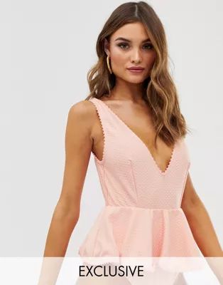 PrettyLittleThing exclusive plunge swimsuit with ruffle waist in pale peach | ASOS UK
