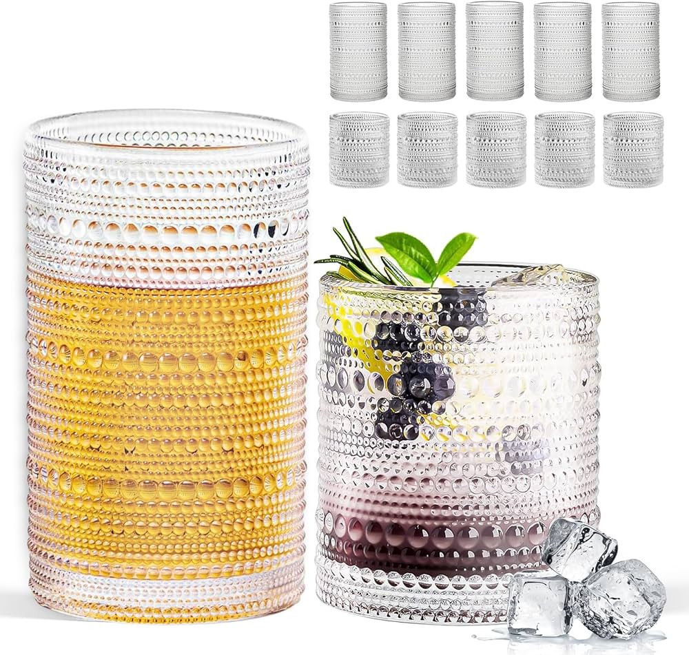 Hobnail Drinking Glasses Set of 12, 11.8 oz Vintage Drinking Glasses & 10 oz Cocktail Glasses Set... | Amazon (US)
