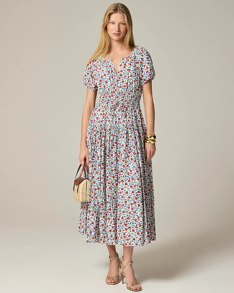 Elena puff-sleeve dress in floral crepe de chine | J. Crew US