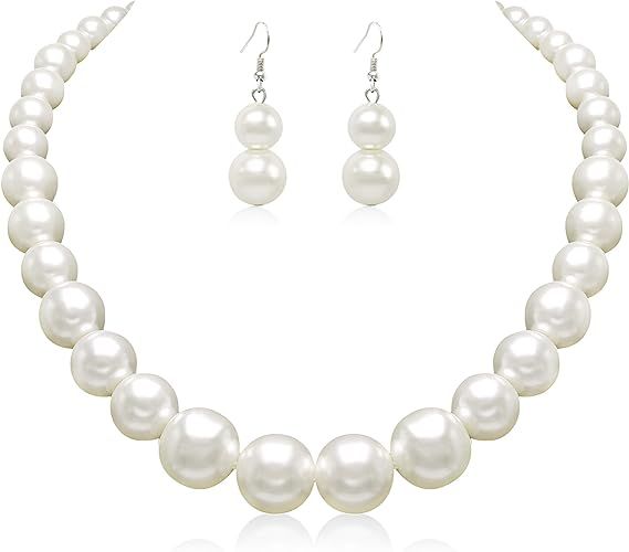 Cryshimmer Pearl Choker Necklace for Women Faux Pearl Beads Strand Necklace Earring Set Costume J... | Amazon (US)