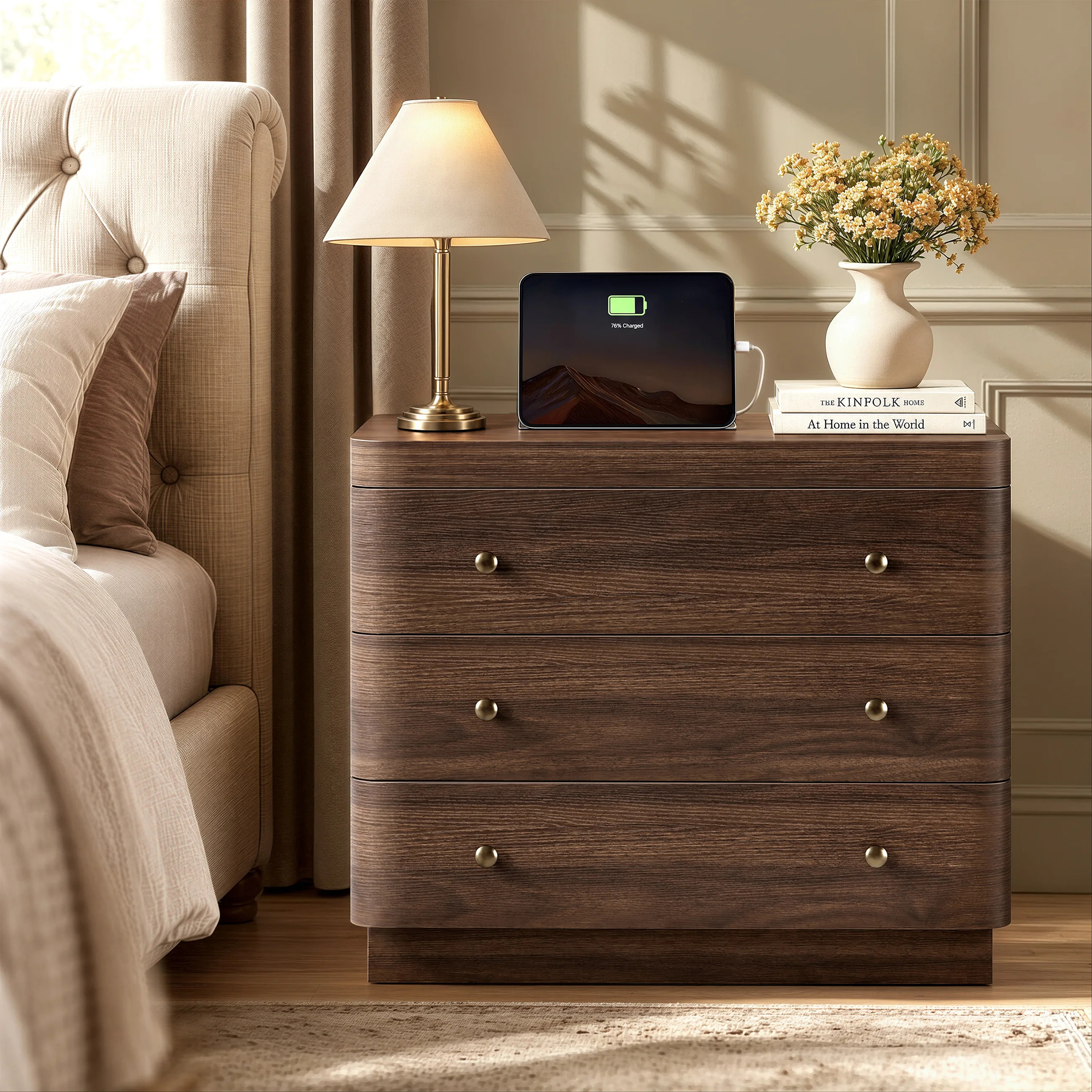 George Oliver Modern Curved 27.5" W Nightstand With 3 Drawers & Hidden Outlet, Large Bedside Table With Rounded Edges For Bedroom Or Living Room | Wayfair | Wayfair North America