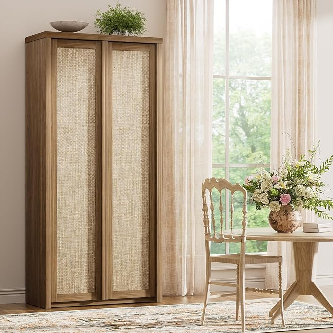 67" Tall Kitchen Pantry Cabinet, Rattan Storage Cabinet with Solid Wood Integrated Handle​and A... | Amazon (US)